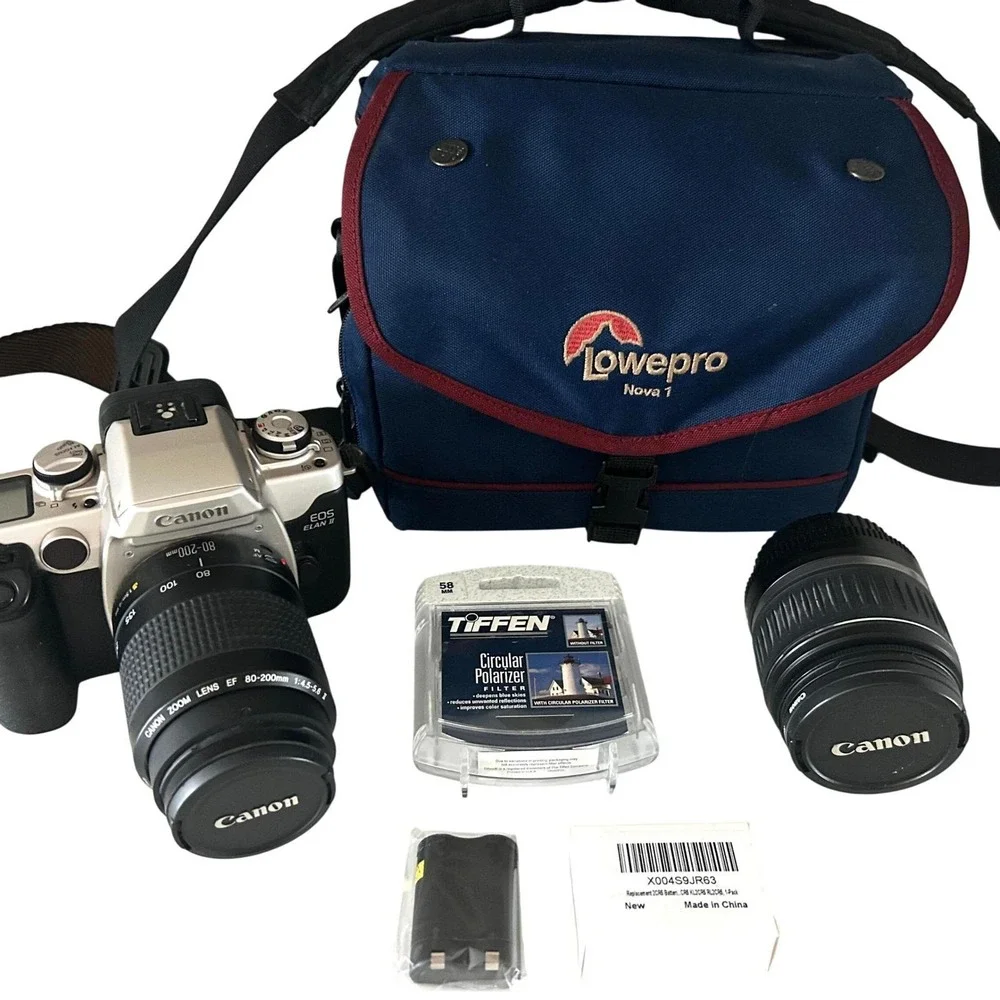 Canon EOS Elan II 35mm Film Camera Bundle 80-200mm 28-80mm Lenses Lowepro Bag